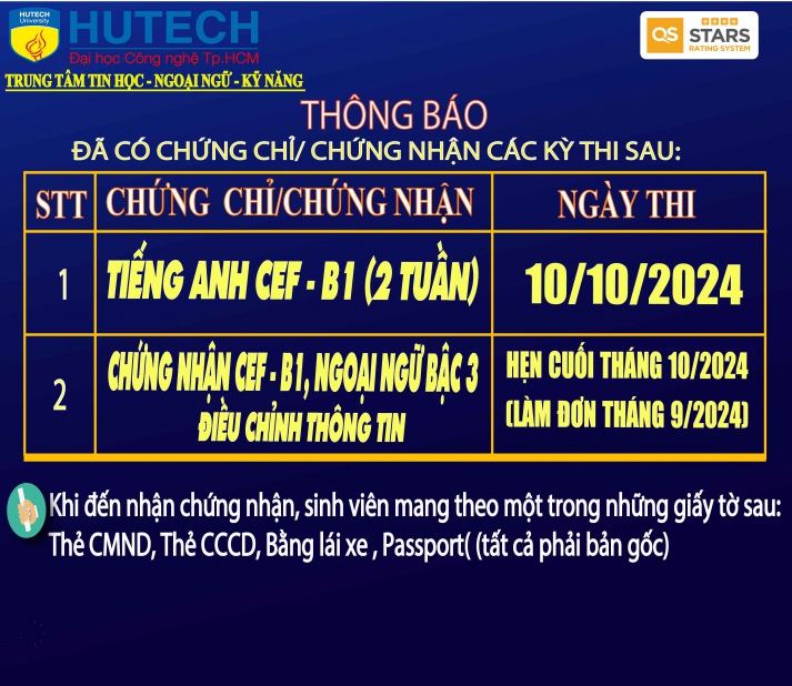 Thông báo đã có chứng chỉ/chứng nhận các kỳ thi cập nhật 29/10/2024 2