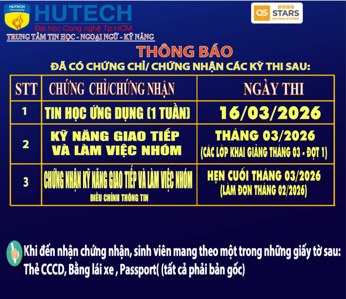 Thông báo đã có chứng chỉ/chứng nhận các kỳ thi cập nhật 23/03/2026 2