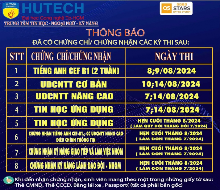 Thông báo đã có chứng chỉ/chứng nhận các kỳ thi cập nhật 28/08/2024 2