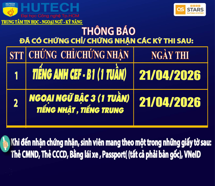 Thông báo đã có chứng chỉ/chứng nhận các kỳ thi cập nhật 5/05/2026 2