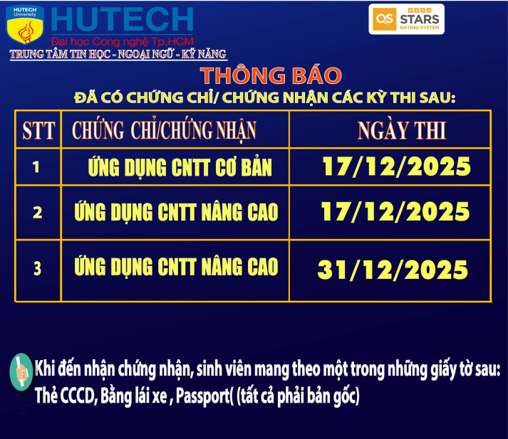 Thông báo đã có chứng chỉ/chứng nhận các kỳ thi cập nhật 27/01/2026 2