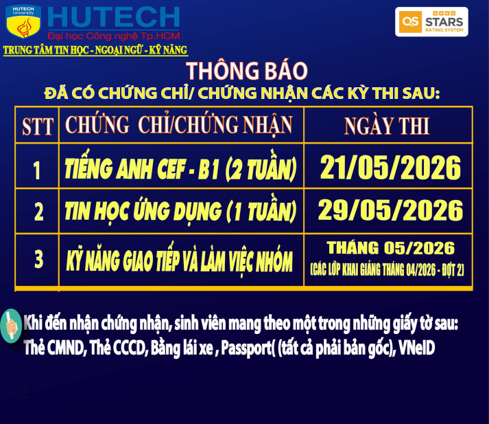 Thông báo đã có chứng chỉ/chứng nhận các kỳ thi cập nhật 9/06/2026 2