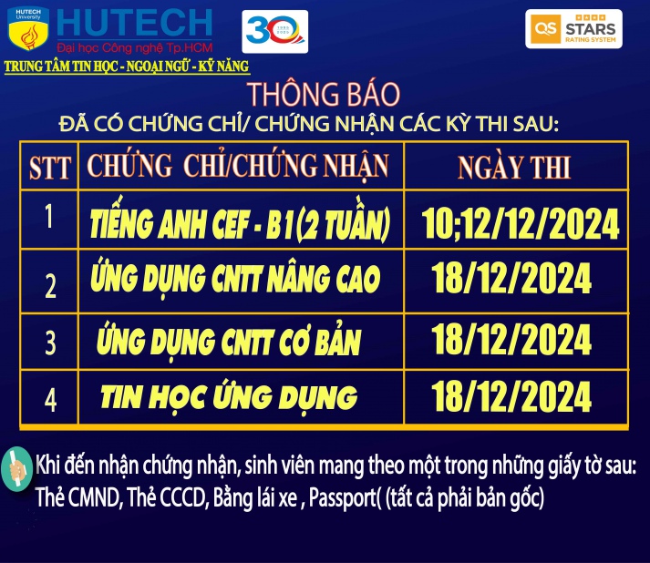 Thông báo đã có chứng chỉ/chứng nhận các kỳ thi cập nhật 28/12/2024 2