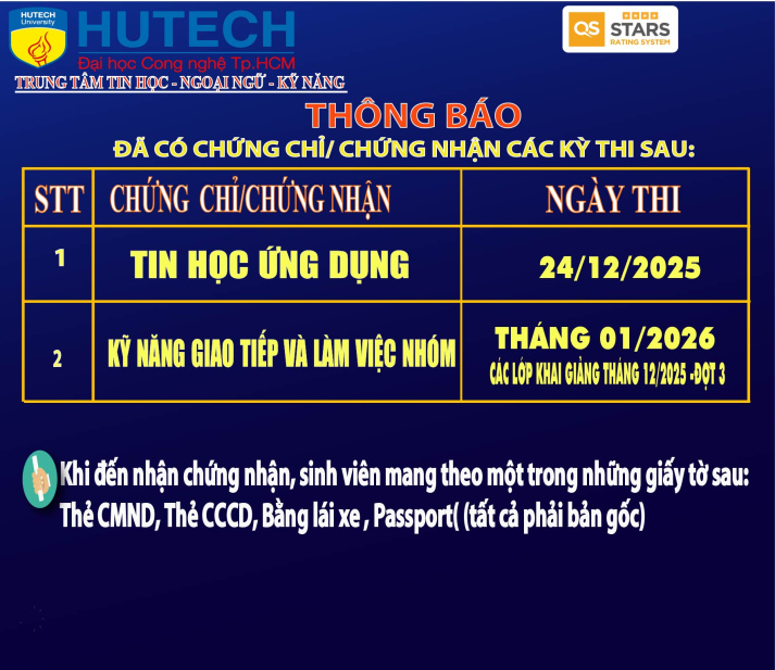 Thông báo đã có chứng chỉ/chứng nhận các kỳ thi cập nhật 9/01/2026 2
