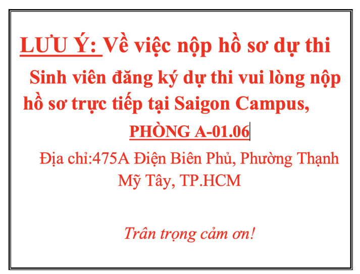 Thông báo về việc làm hồ sơ dự thi. Học viên nếu đi làm thủ tục dự thi ngày 28/04 và 29/04/2026 tại Thu Duc Campus cần lưu ý 2