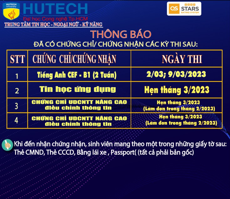 Thông báo đã có chứng chỉ/chứng nhận các kỳ thi cập nhật 24/03/2023 2