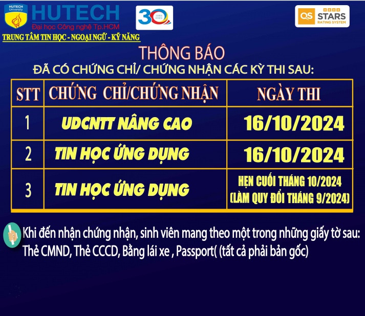 Thông báo đã có chứng chỉ/chứng nhận các kỳ thi cập nhật 31/10/2024 2