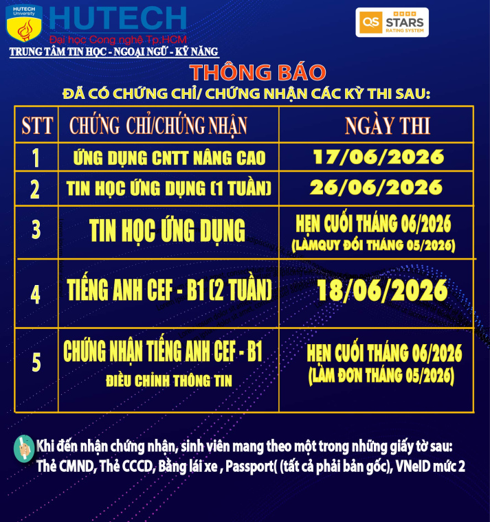 Thông báo đã có chứng chỉ/chứng nhận các kỳ thi cập nhật 7/07/2026 2