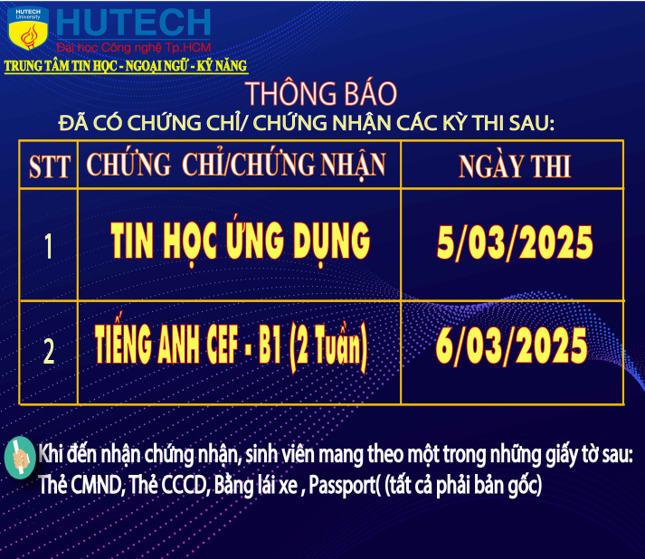 Thông báo đã có chứng chỉ/chứng nhận các kỳ thi cập nhật 21/03/2025 2