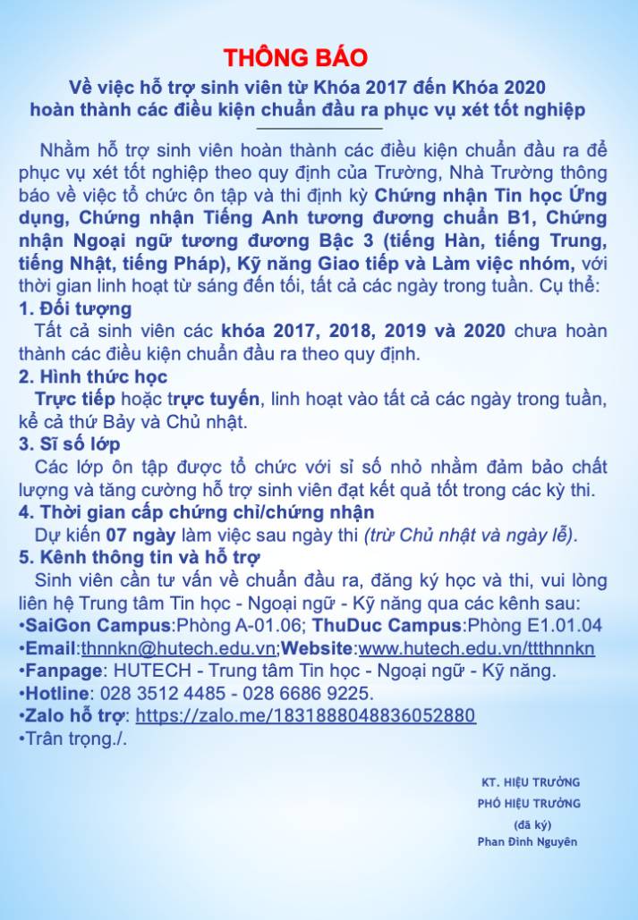 Thông báo về việc hỗ trợ sinh viên từ Khóa 2017 đến Khóa 2020 hoàn thành các điều kiện chuẩn đầu ra phục vụ xét tốt nghiệp