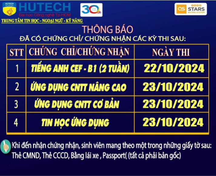 Thông báo đã có chứng chỉ/chứng nhận các kỳ thi cập nhật 12/11/2024 2