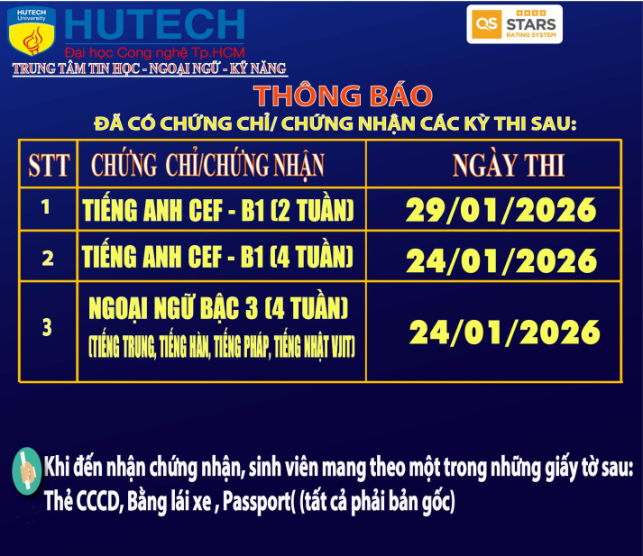 Thông báo đã có chứng chỉ/chứng nhận các kỳ thi cập nhật 3/03/2026 2