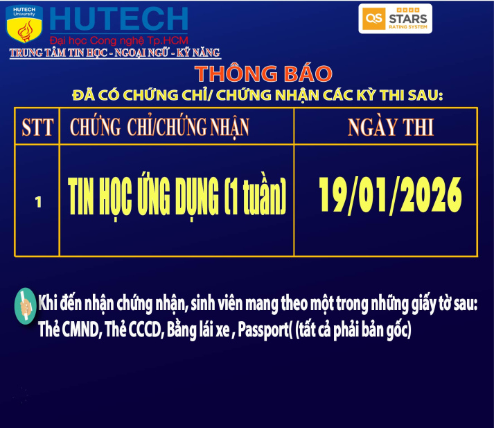 Thông báo đã có chứng chỉ/chứng nhận các kỳ thi cập nhật 27/01/2026 2