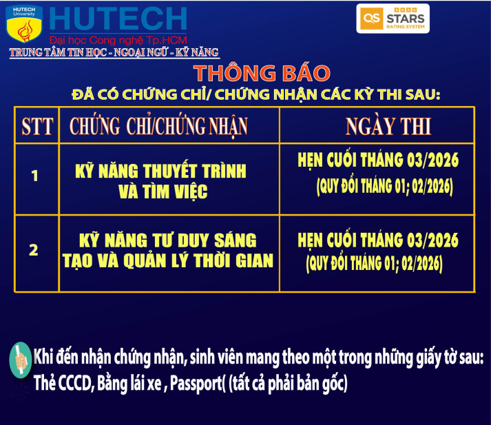 Thông báo đã có chứng chỉ/chứng nhận các kỳ thi cập nhật 31/03/2026 2