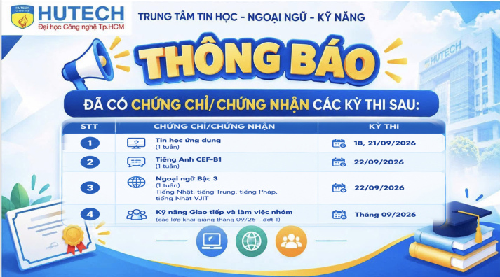 Thông báo đã có chứng chỉ/chứng nhận các kỳ thi cập nhật 29/09/2026 2