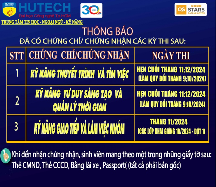 Thông báo đã có chứng chỉ/chứng nhận các kỳ thi cập nhật 26/11/2024 2