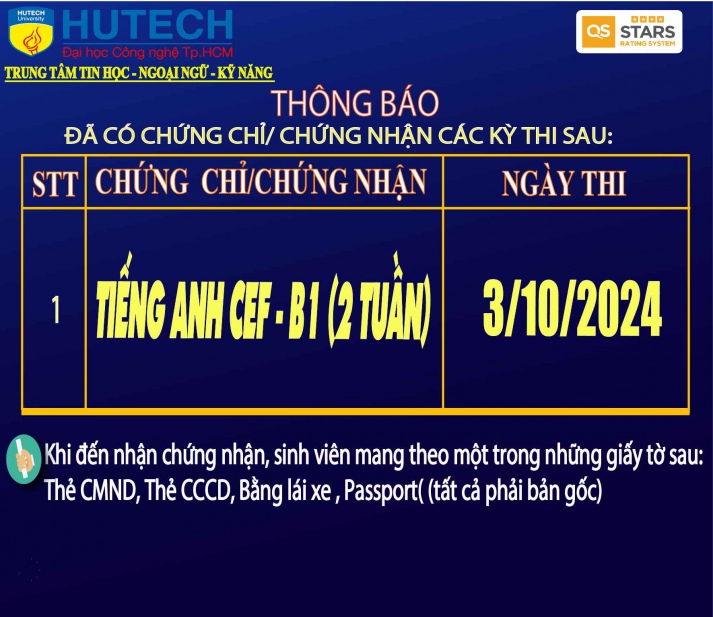 Thông báo đã có chứng chỉ/chứng nhận các kỳ thi cập nhật 25/10/2024 2