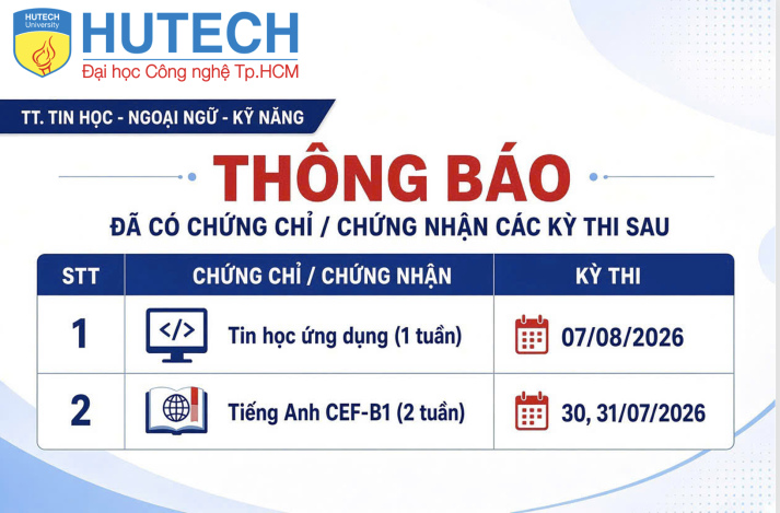 Thông báo đã có chứng chỉ/chứng nhận các kỳ thi cập nhật 21/08/2026 2