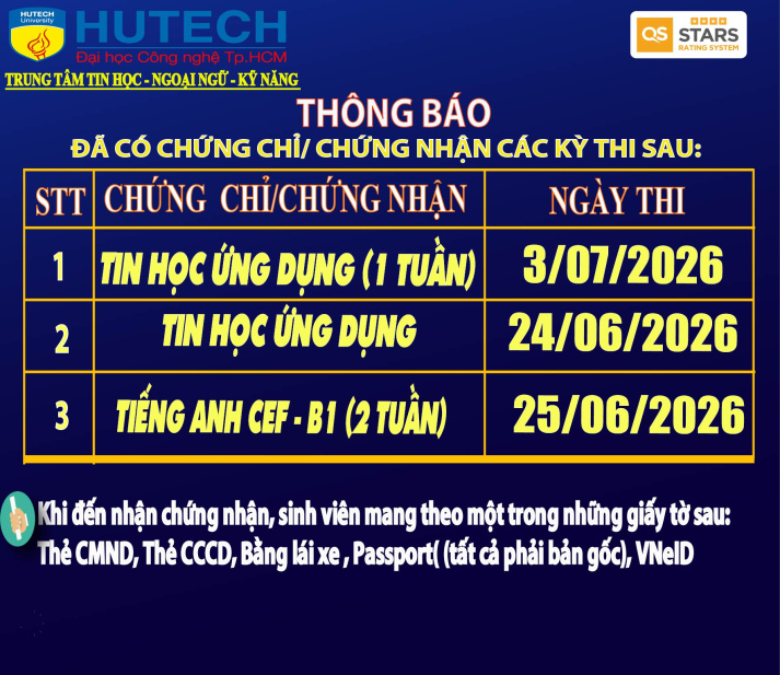 Thông báo đã có chứng chỉ/chứng nhận các kỳ thi cập nhật 11/07/2026 2