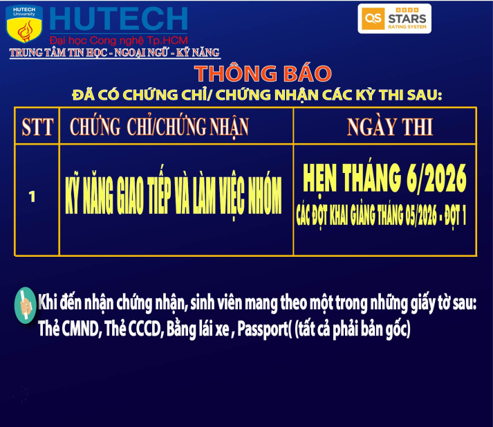 Thông báo đã có chứng chỉ/chứng nhận các kỳ thi cập nhật 2/07/2026 2