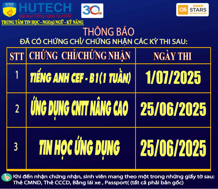 Thông báo đã có chứng chỉ/chứng nhận các kỳ thi cập nhật 11/07/2025 2