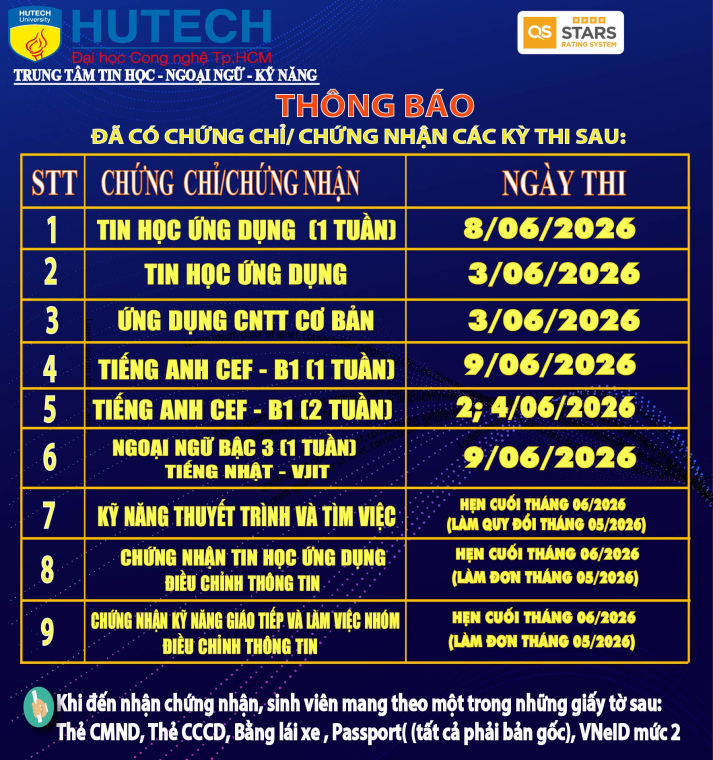 Thông báo đã có chứng chỉ/chứng nhận các kỳ thi cập nhật23/06/2026 2