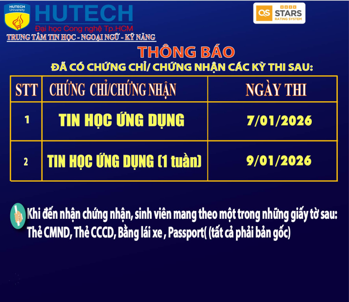 Thông báo đã có chứng chỉ/chứng nhận các kỳ thi cập nhật 22/01/2026 2