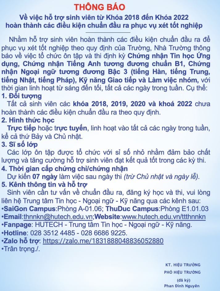 Thông báo về việc hỗ trợ sinh viên từ Khóa 2018 đến Khóa 2022 hoàn thành các điều kiện chuẩn đầu ra phục vụ xét tốt nghiệp 5