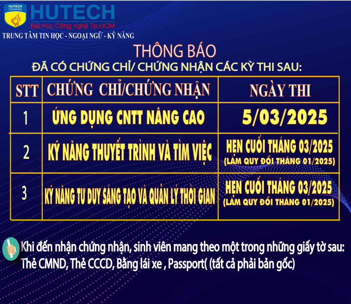 Thông báo đã có chứng chỉ/chứng nhận các kỳ thi cập nhật 22/03/2025 2