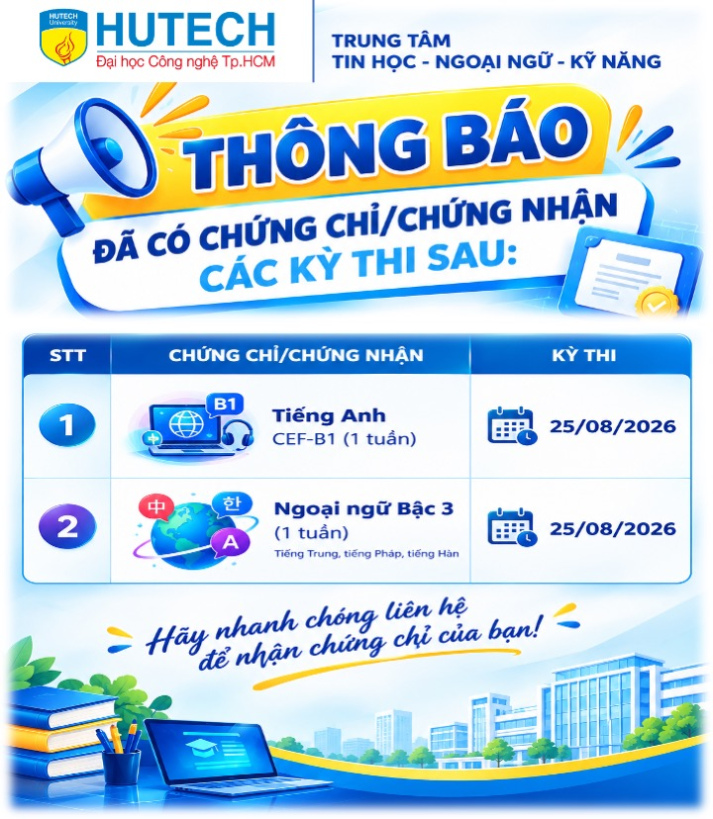 Thông báo đã có chứng chỉ/chứng nhận các kỳ thi cập nhật 8/09/2026 2