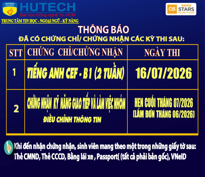 Thông báo đã có chứng chỉ/chứng nhận các kỳ thi cập nhật 1/08/2026 2
