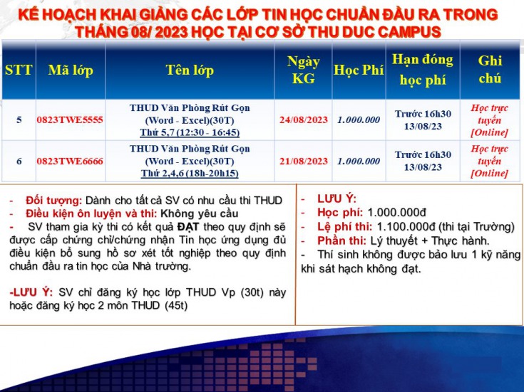 Kế hoạch chiêu sinh các lớp Tin học chuẩn đầu ra khai giảng tháng 08.2023 học tại Thu Duc Campus, Sai Gon Campus(gồm các lớp học ban ngày và buổi tối, Online) 3
