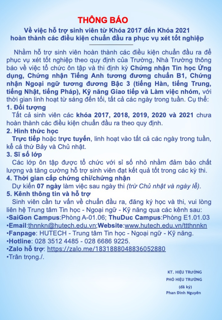 Thông báo về việc hỗ trợ sinh viên từ Khóa 2017 đến Khóa 2021 hoàn thành các điều kiện chuẩn đầu ra phục vụ xét tốt nghiệp 2