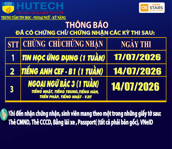 Thông báo đã có chứng chỉ/chứng nhận các kỳ thi cập nhật 22/07/2026 2