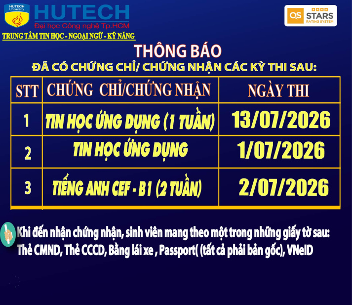 Thông báo đã có chứng chỉ/chứng nhận các kỳ thi cập nhật 21/07/2026 2