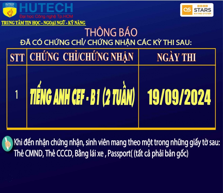 Thông báo đã có chứng chỉ/chứng nhận các kỳ thi cập nhật 11/10/2024 2