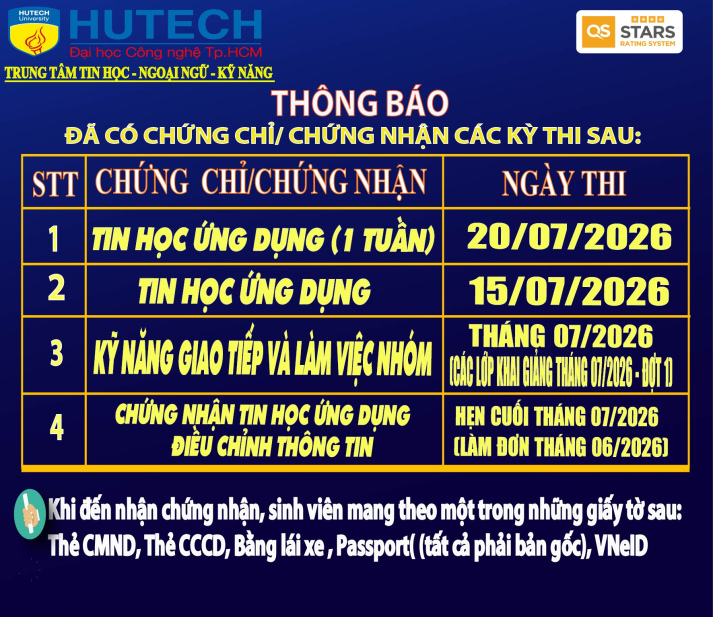 Thông báo đã có chứng chỉ/chứng nhận các kỳ thi cập nhật 29/07/2026 2