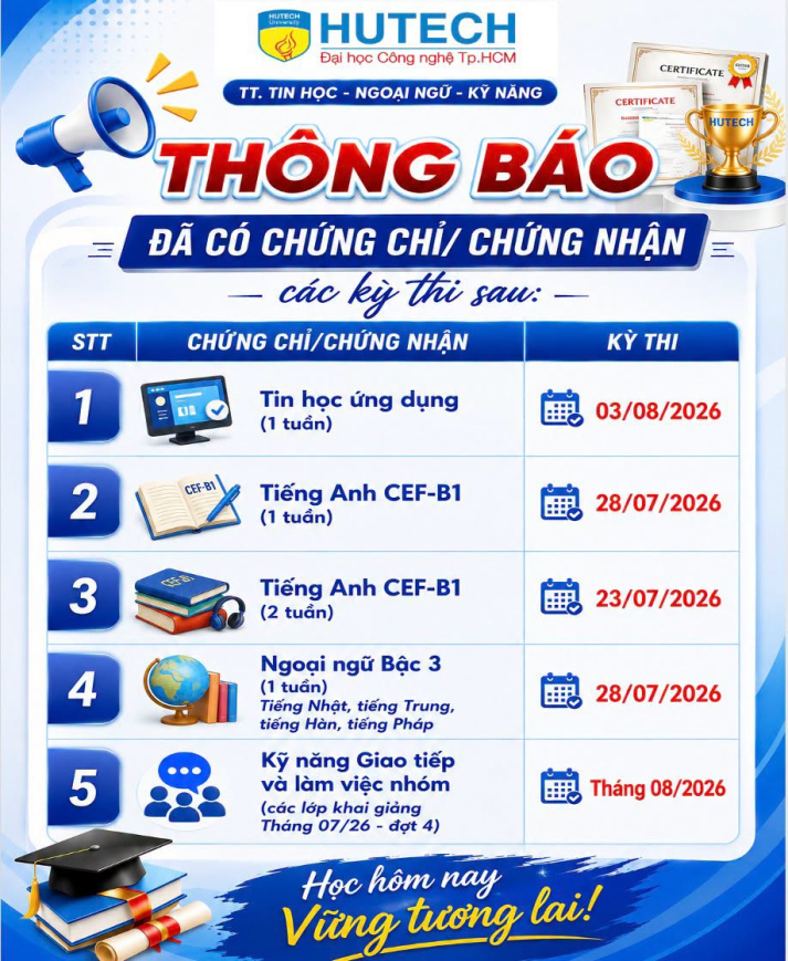 Thông báo đã có chứng chỉ/chứng nhận các kỳ thi cập nhật 11/08/2026 2