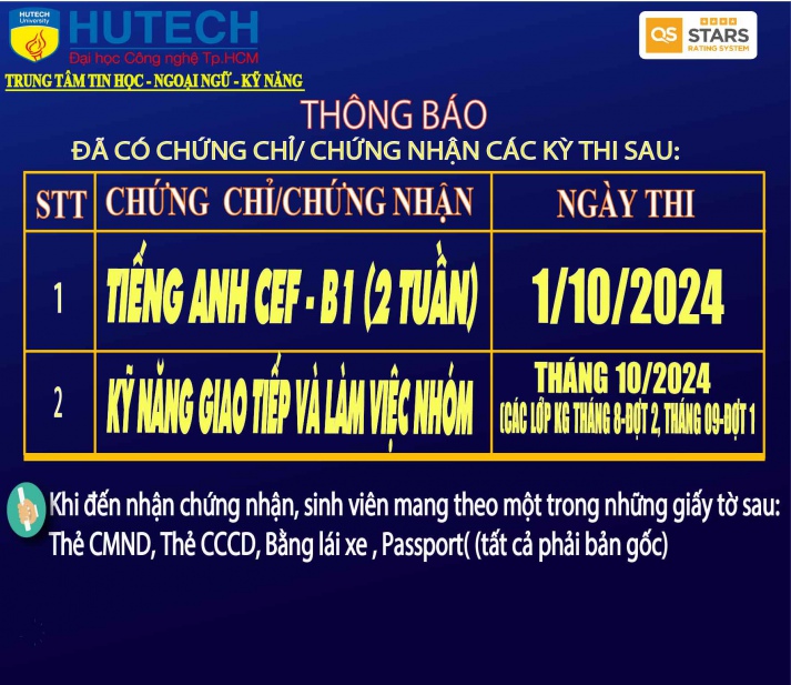 Thông báo đã có chứng chỉ/chứng nhận các kỳ thi cập nhật 18/10/2024 2