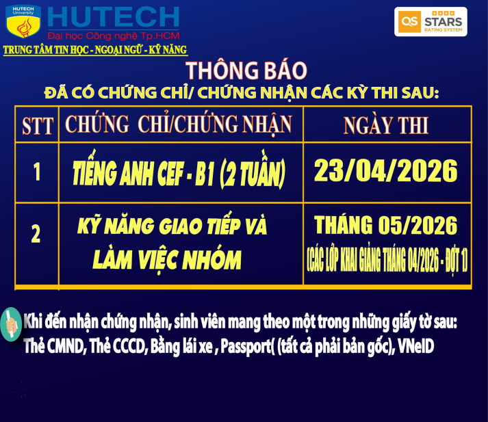 Thông báo đã có chứng chỉ/chứng nhận các kỳ thi cập nhật 13/05/2026 2