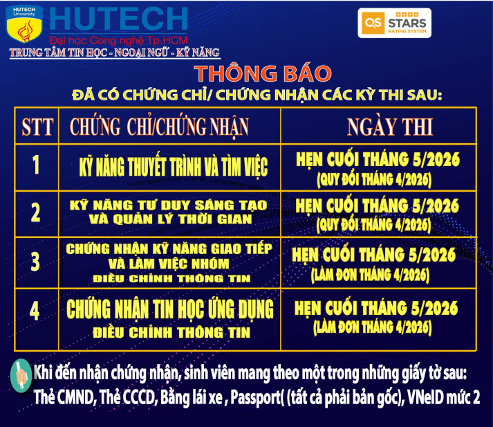 Thông báo đã có chứng chỉ/chứng nhận các kỳ thi cập nhật 20/05/2026 2