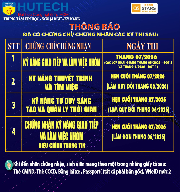 Thông báo đã có chứng chỉ/chứng nhận các kỳ thi cập nhật 9/07/2026 2
