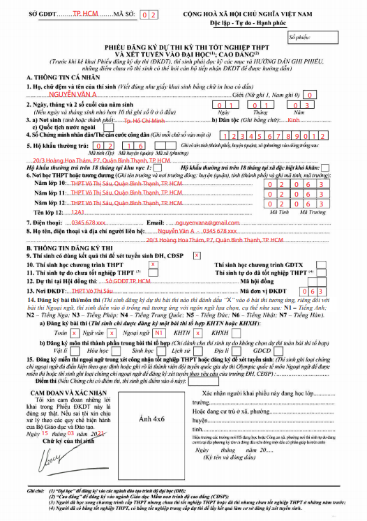 Hướng dẫn ghi phiếu ĐKDT & ĐKXT 2023