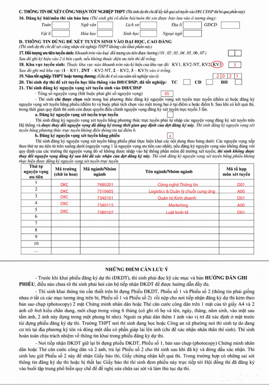 Hướng dẫn ghi phiếu ĐKDT & ĐKXT 2023