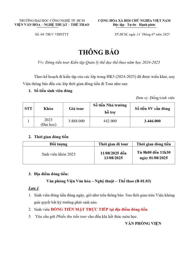 Thông báo về việc đóng tiền tour kiến tập Học kỳ 3 năm học 2024 - 2025 2