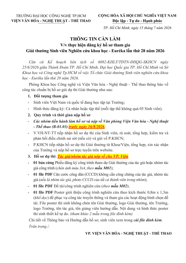 Thông báo thực hiện đăng ký hồ sơ tham gia Giải thưởng Sinh viên Nghiên cứu khoa học - Euréka lần thứ 28 năm 2026 2