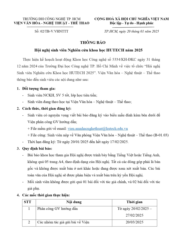 Thông báo Hội nghị Sinh viên Nghiên cứu Khoa học HUTECH 2025 2