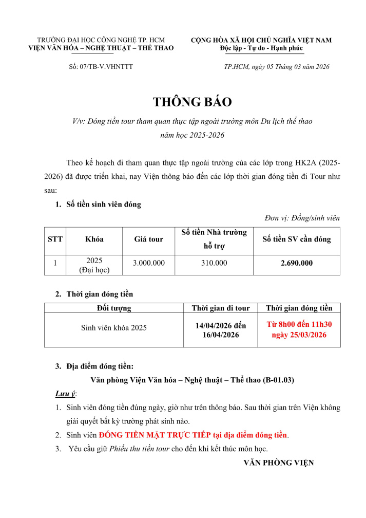 Thông báo về việc đóng tiền tour tham quan thực tập ngoài trường môn Du lịch thể thao HK2A năm học 2025-2026 2