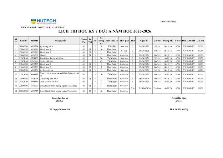 Thông báo Lịch thi Học kỳ 2A năm học 2025-2026 những học phần Viện tổ chức 2