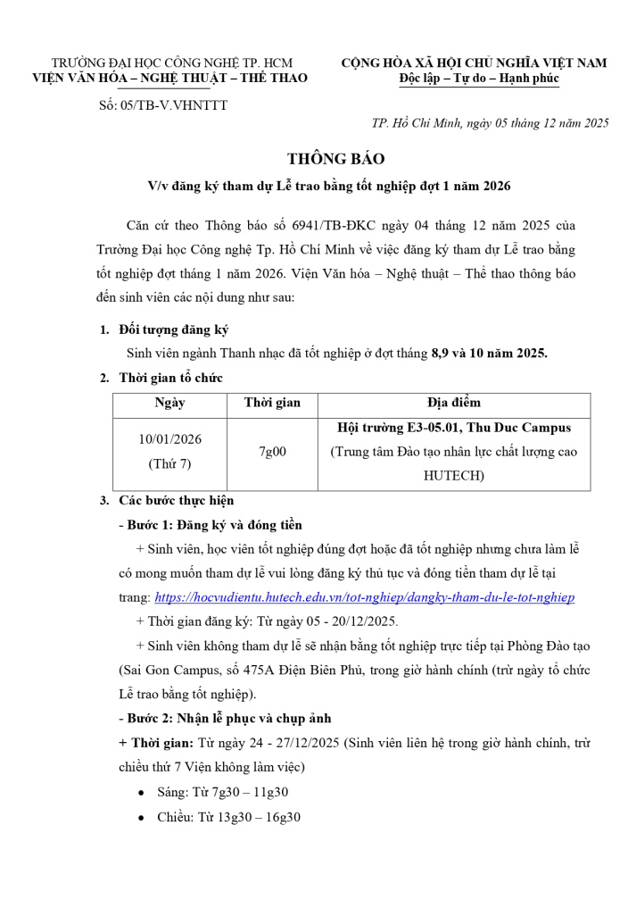 Thông báo về việc đăng ký tham dự Lễ trao bằng tốt nghiệp đợt 1 năm 2026 3